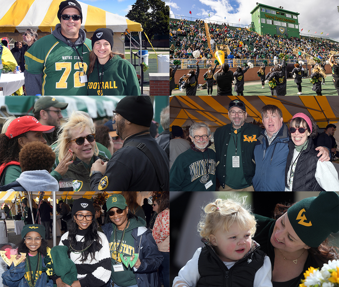 Tailgate collage 2024 of Wayne State alumni, friends, and football players